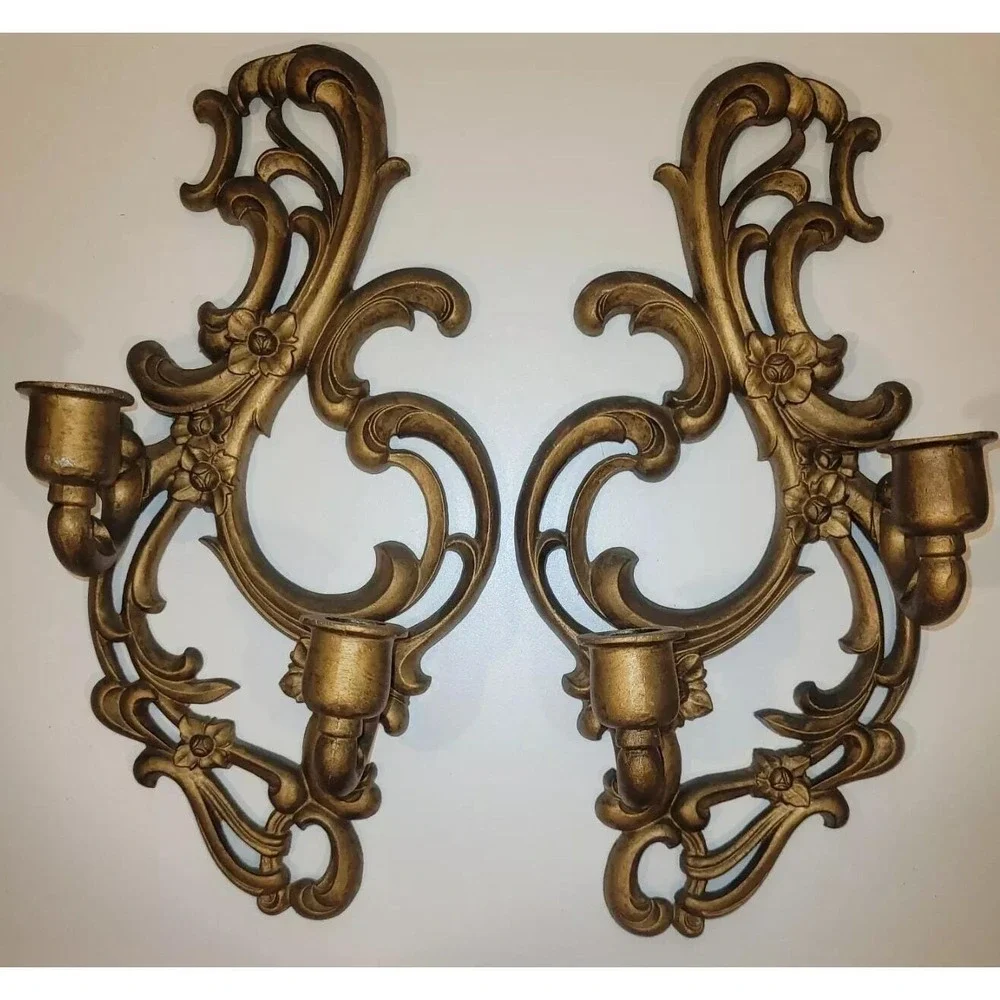 Sexton Vintage Candelabras Sconces Scrolled Cast Metal Antique Bronze Finish